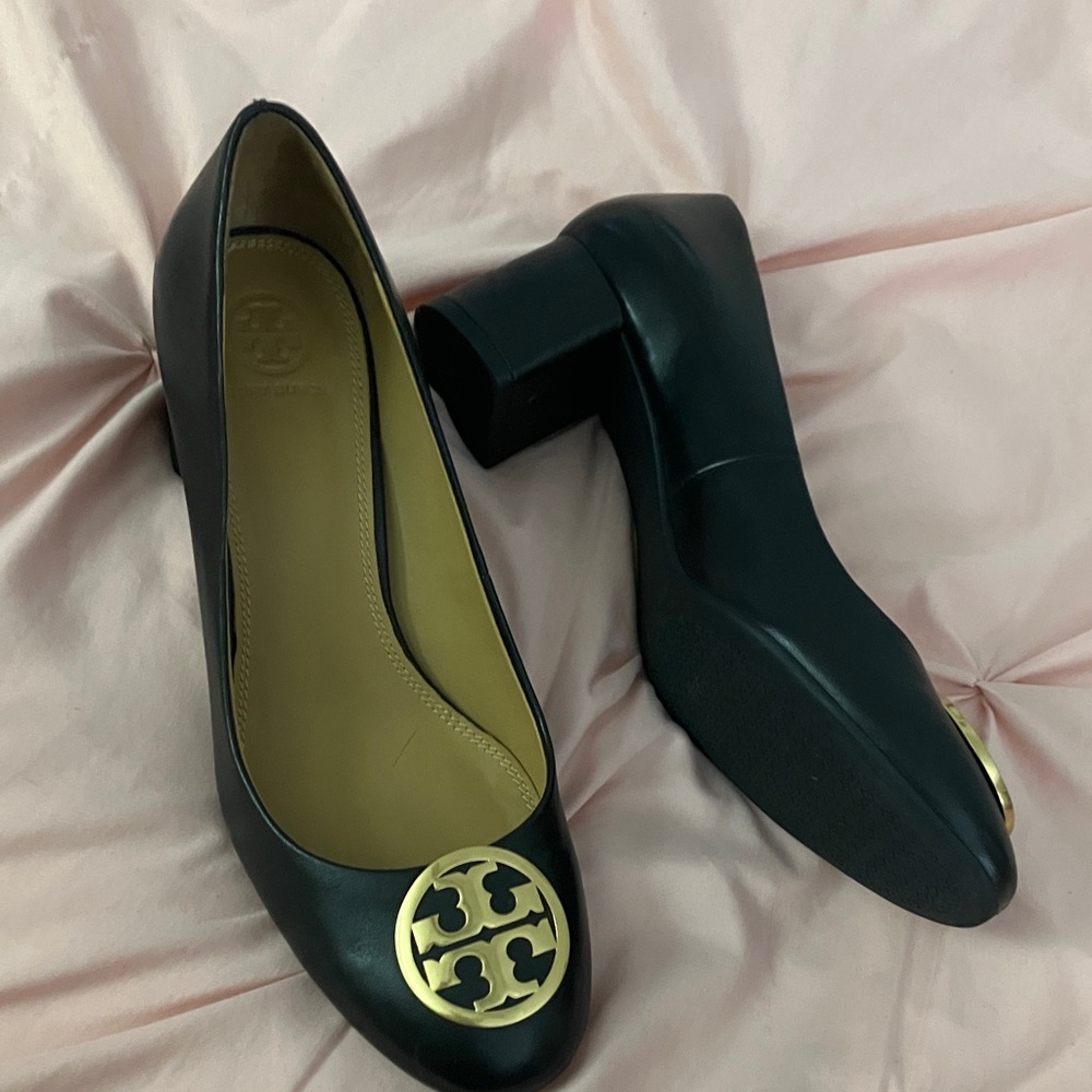 Tory Burch Black Heels with Gold Emblem